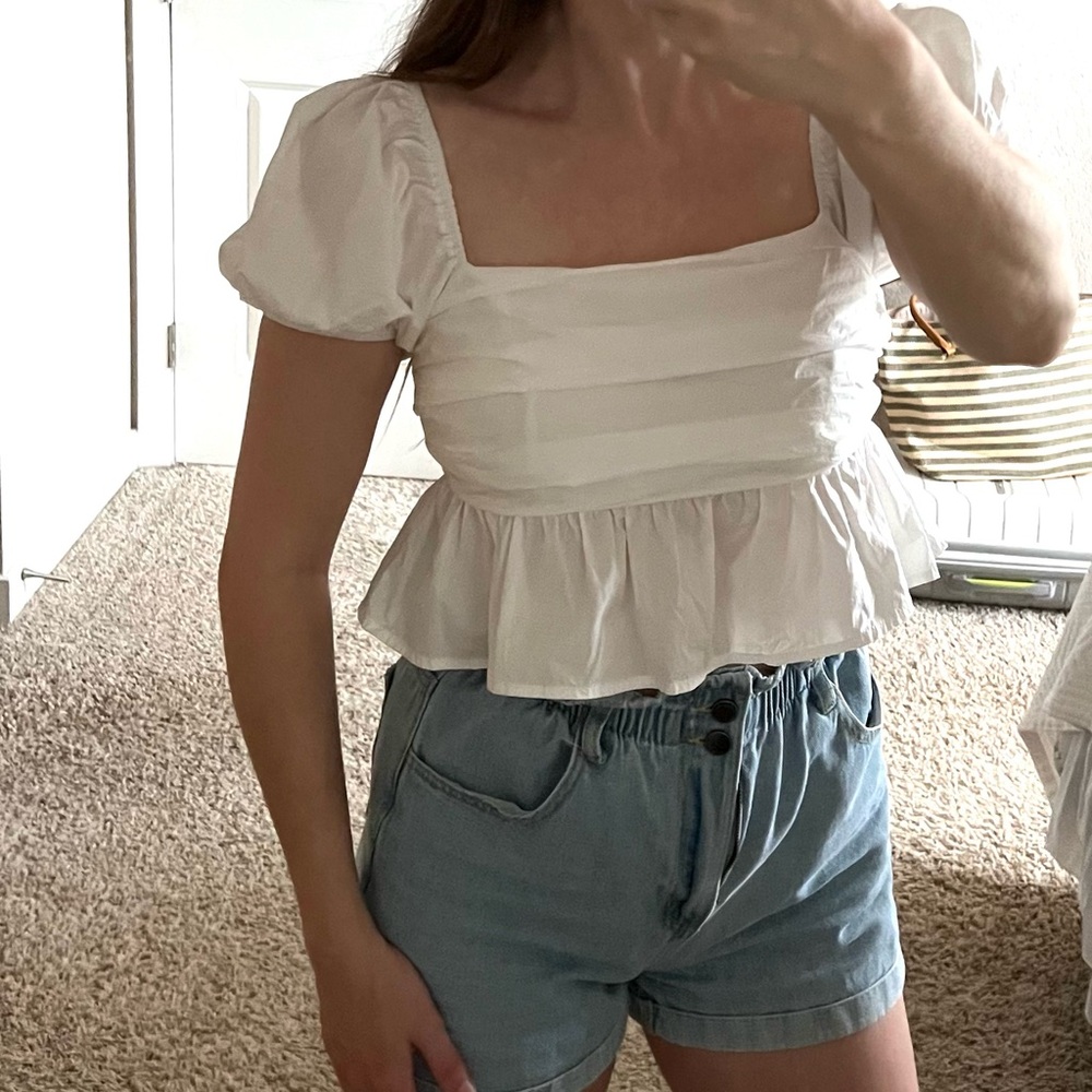 Altar’d State 100% Cotton Puff Sleeve Cropped Babydoll Blouse Top